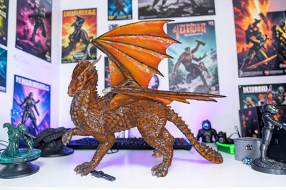 Painted Dragon Made of Bronze, Statue - Size: 15"L x 14"W x 12"H.