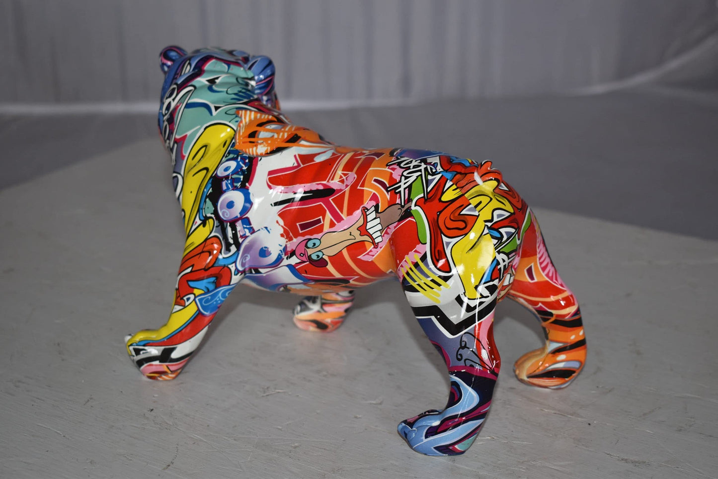 Modern Happy Graffiti Resin Bulldog Statue Looking to the Right  10" x 5" x 7"H