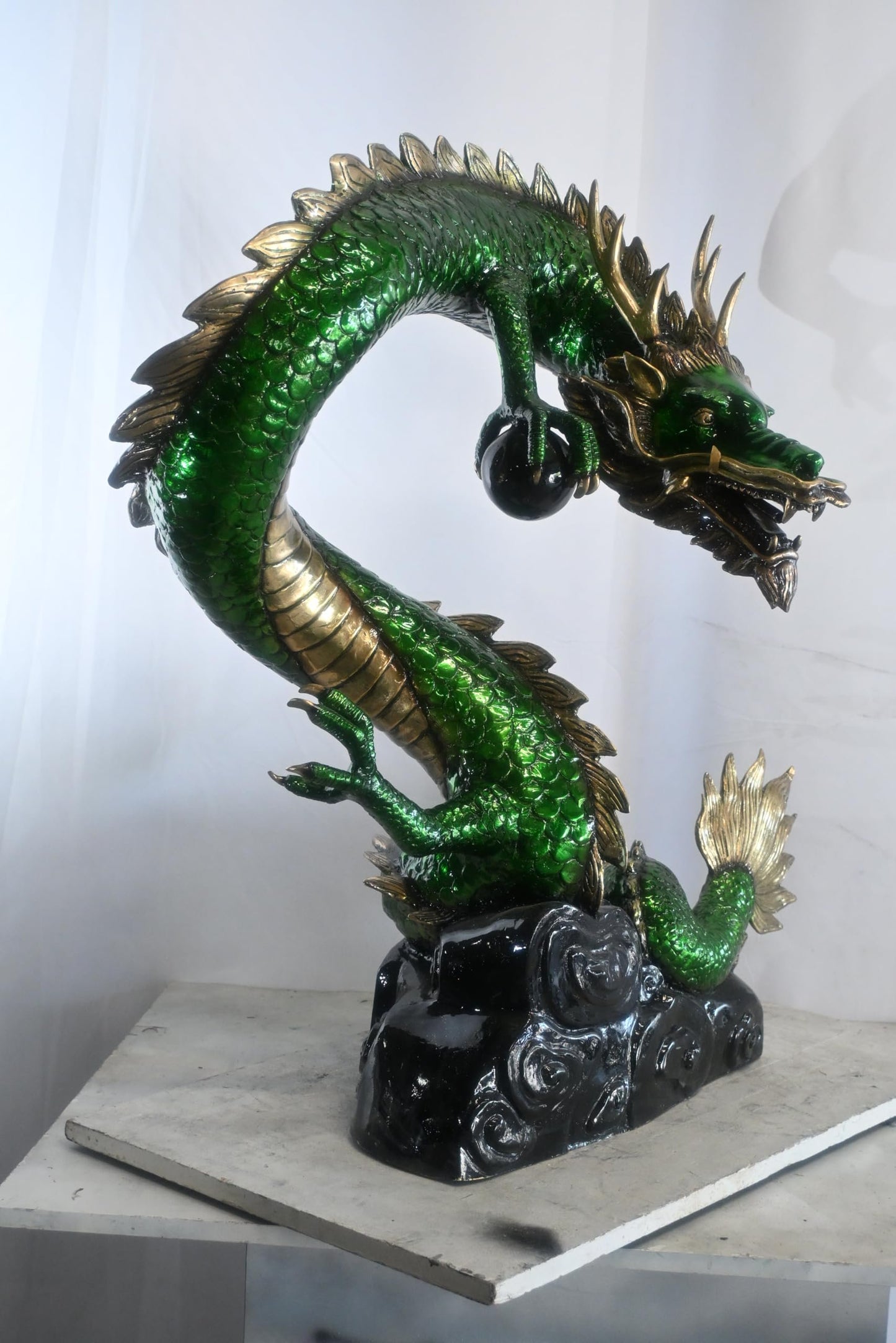 Green Bronze Dragon Fountain Statue with Pearl Sphere 30"x20"x38"H