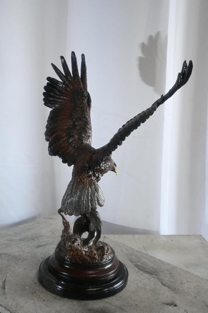 Bronze Eagle in Flight Sculpture Lost Wax Cast Marble Base 17"x11"x24"H
