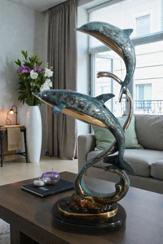 Two Dolphins Bronze Sculpture Spiral Formation 16"x11"x30"H