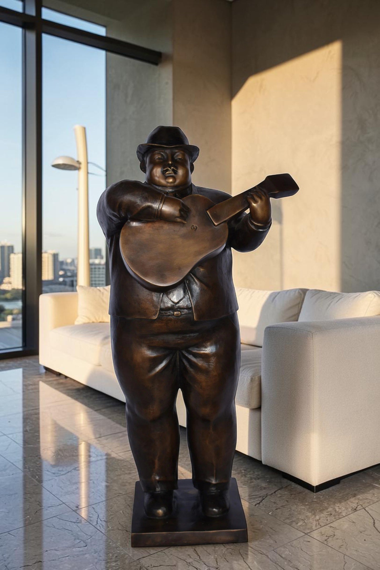 Man Playing  Guitar Fernando Botero Style Bronze Statue - 14" x 11" x 30"H.