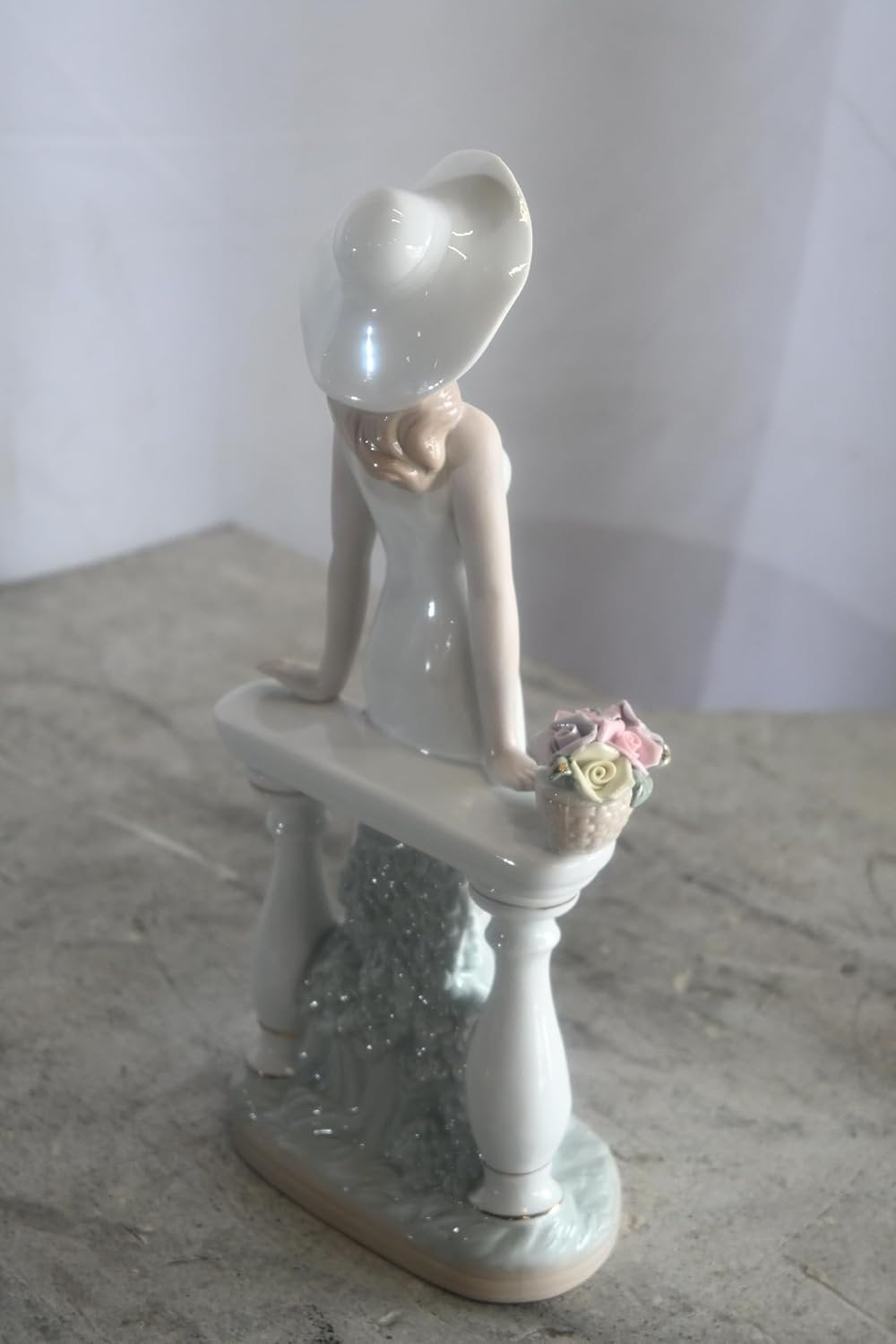Porcelain Elegant Lady White Gown Hat Rose Basket Statue 6"x4"x12"H