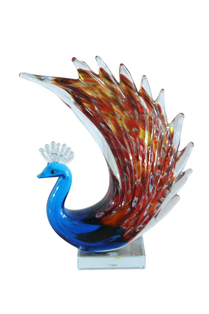 NIFAO Glass Peacock Figurine Hand Blown Art Glass on Clear Base 8" x 3" x 10"H