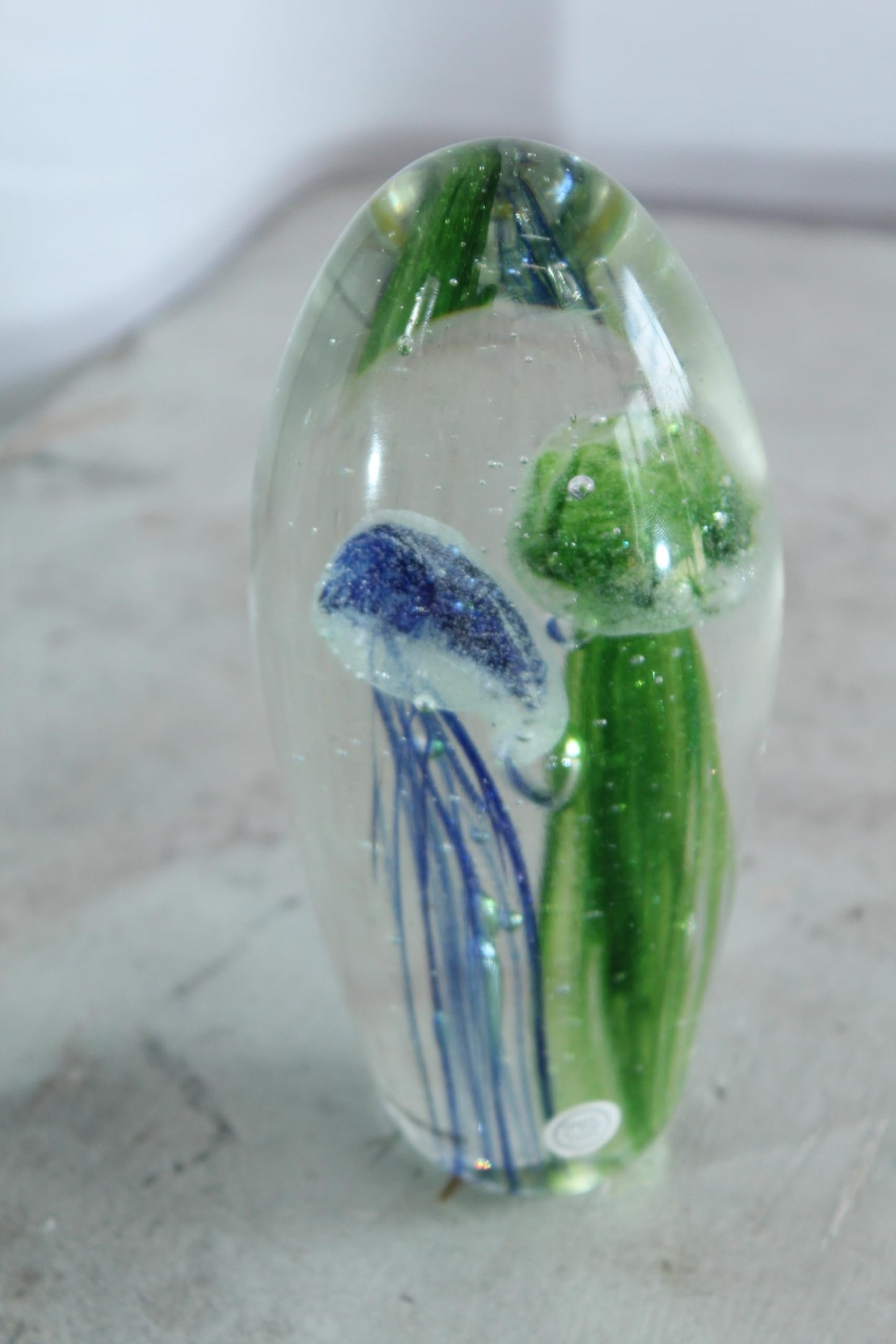 NIFAO Glass Jellyfish Paperweight Green Blue Art Glass Decor 3" x 3" x 8"H