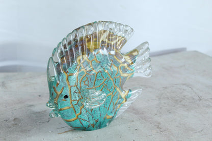 NIFAO Glass Reef Fish Figurine Teal Crackle Art Glass 8" x 3" x 6"H