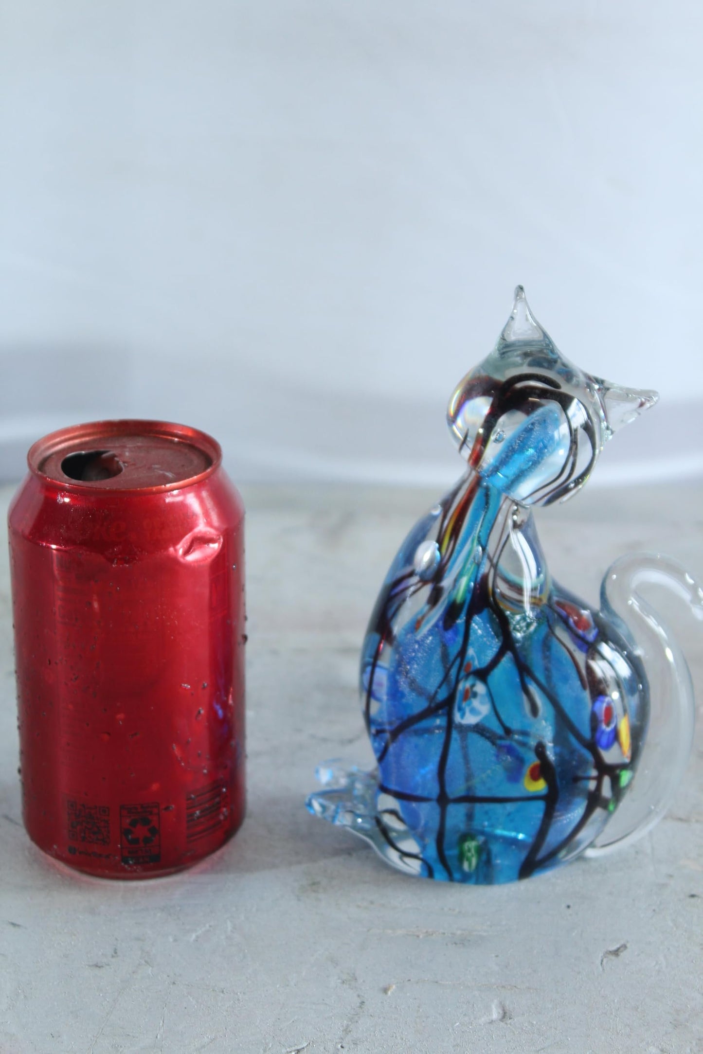 NIFAO Glass Cat Figurine Hand Blown Blue Millefiori Art Decor 5" x 3" x 7"H