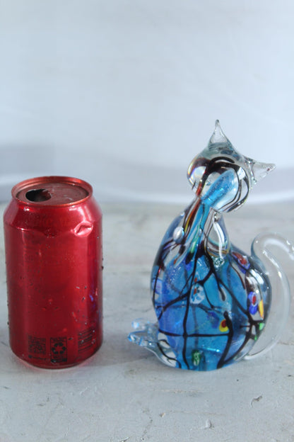 NIFAO Glass Cat Figurine Hand Blown Blue Millefiori Art Decor 5" x 3" x 7"H