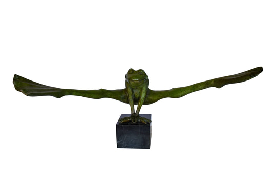 Acrobatic Frog Green Patina Bronze Statue Mounted on A Marble  43" x 26" x 20"H