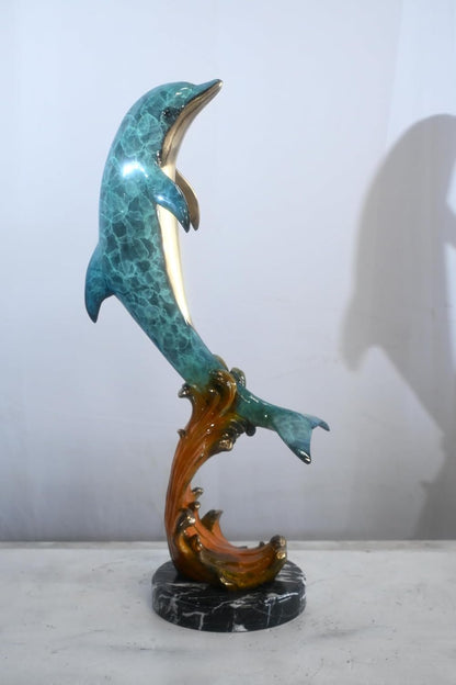 Bronze Leaping Dolphin Sculpture on Wave Base 25"x24"x40"H