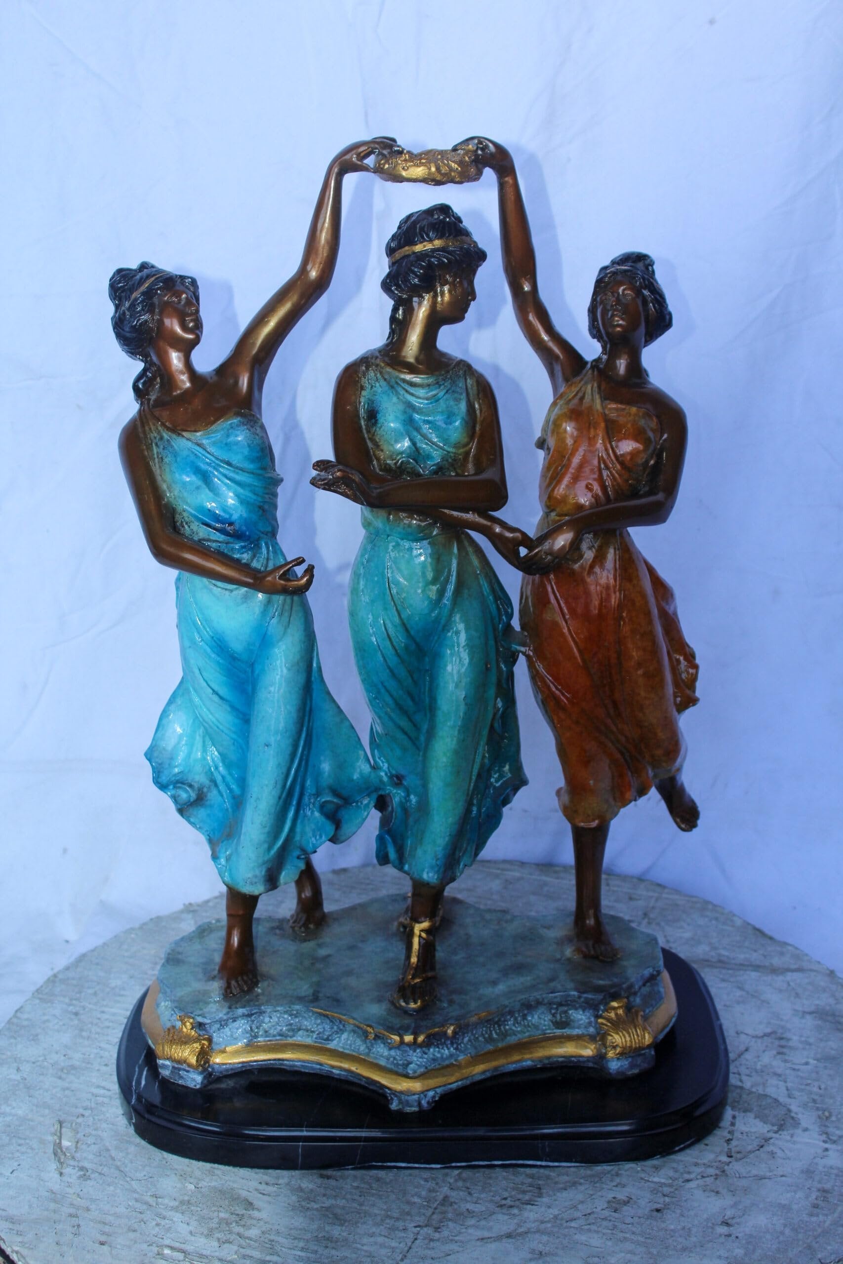 Three Dancing Ladies, Colorful Bronze Statue on a marble base 15