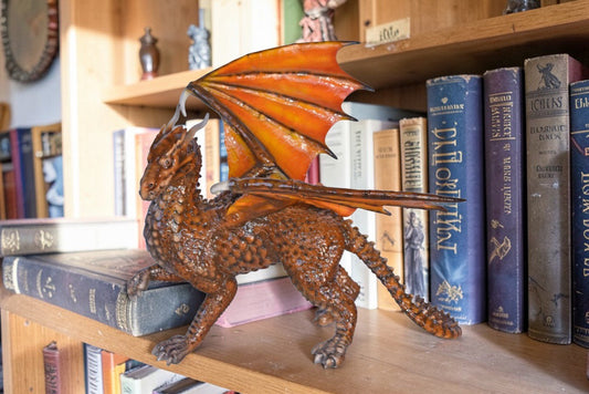 Painted Dragon Made of Bronze, Statue - Size: 15"L x 14"W x 12"H.