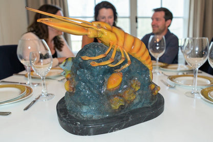 Lobster with Fish Bronze Statue -  Size: 9"L x 18"W x 16"H.
