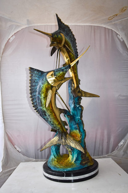 Set Of Intertwined Sailfish and Marlin Colored Bronze Statue  27" x 20" x 47"H