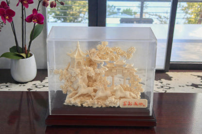 Carved Resin Galloping Horses Chinese Garden in Case 8"x4"x7"H