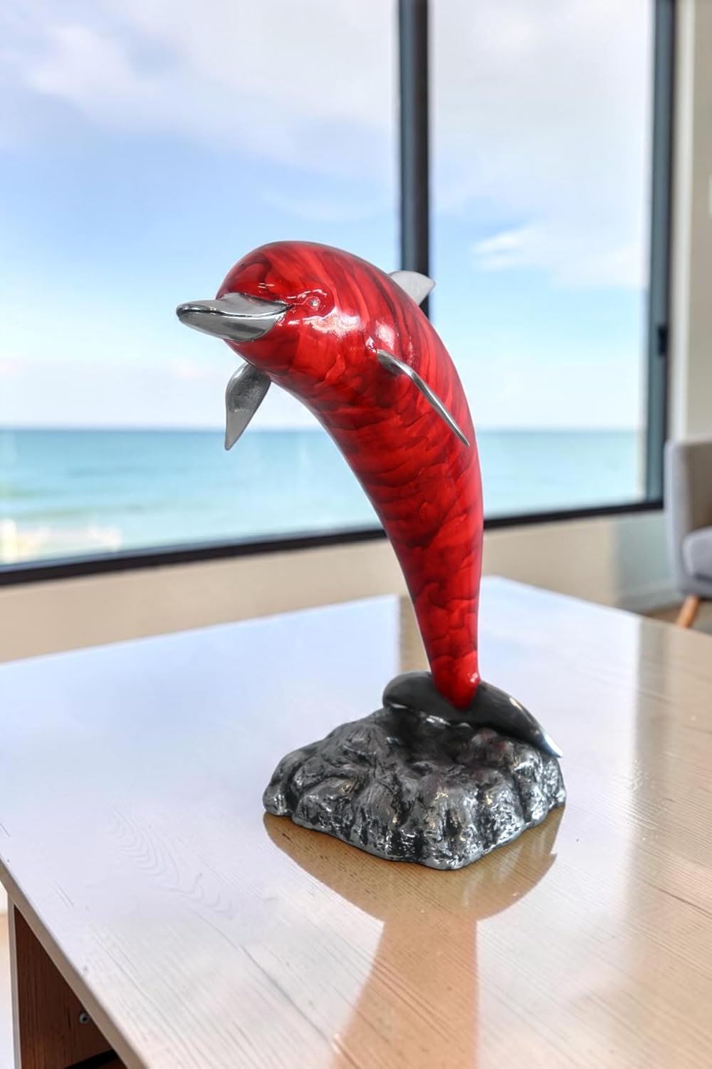 Leaping Red Dolphin Statue with Silver Fins Aluminum Art 15"x7"x18"H