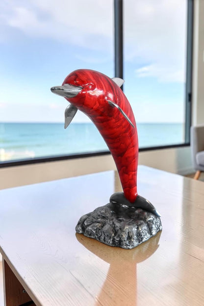 Leaping Red Dolphin Statue with Silver Fins Aluminum Art 15"x7"x18"H