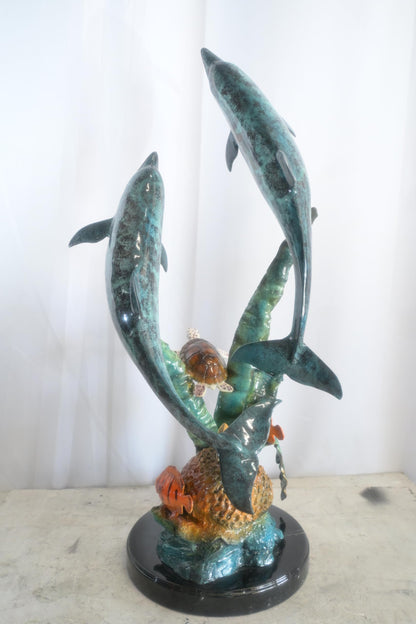 Large Bronze Dolphin Pair Ocean Scene Sculpture Marble Base 15"x18"x33"H