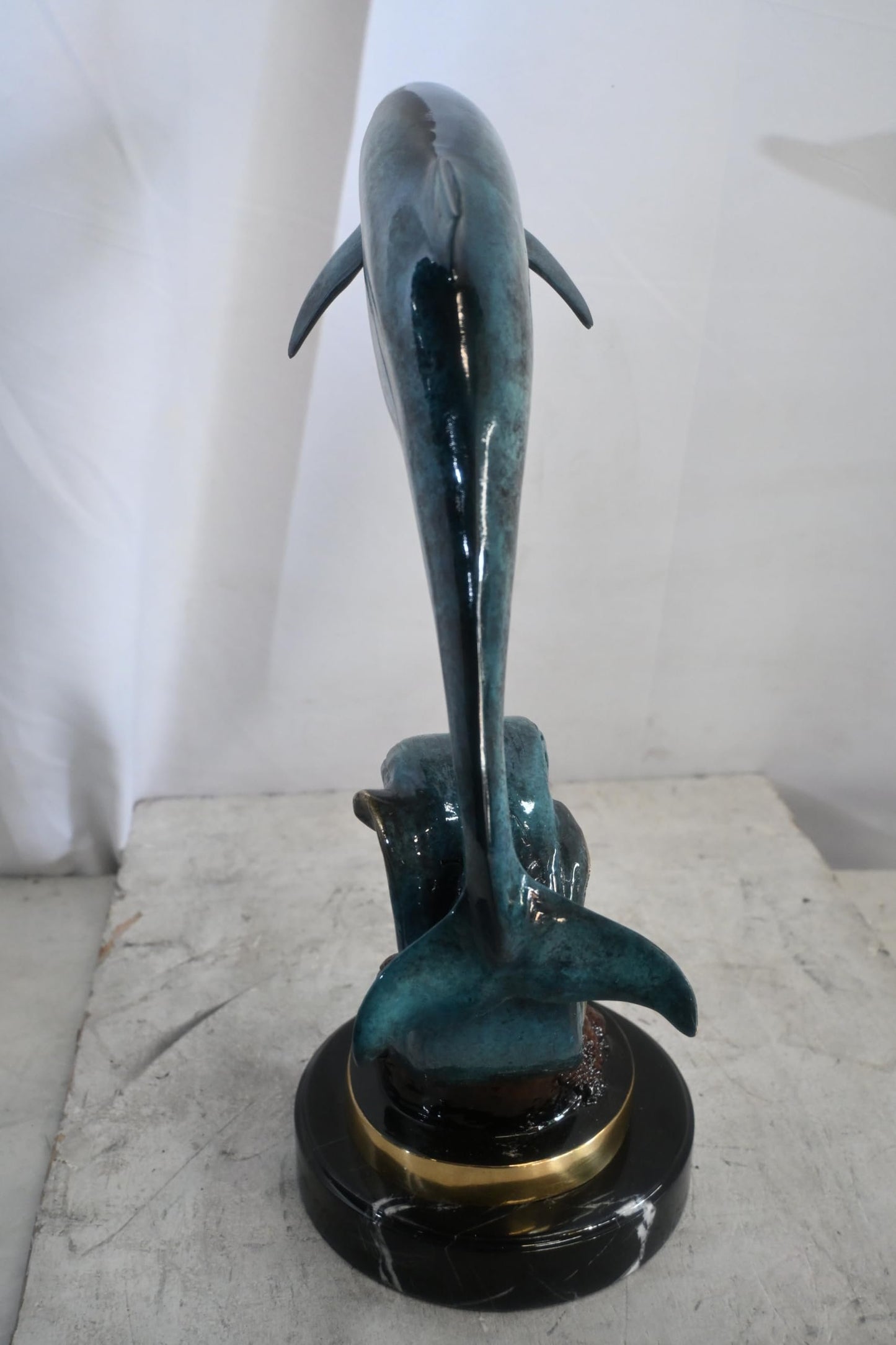 Single Dolphin Bronze Sculpture Leaping Wave Base 13"x8"x21"H