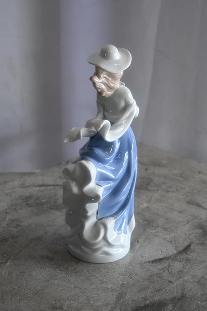 Porcelain Elegant Lady Blue Dress Hat Figurine with Rose 5"x4"x12"H