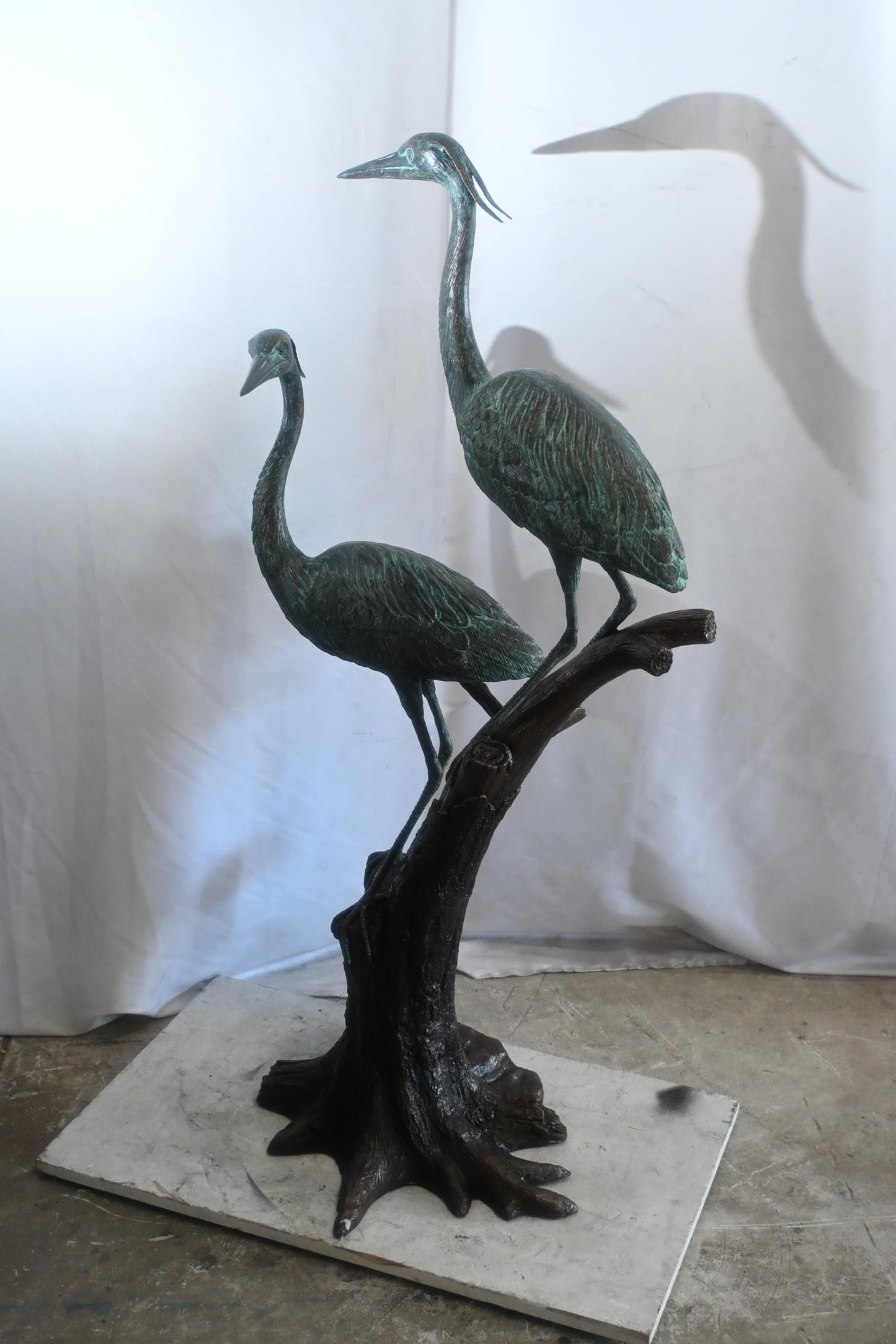 Bronze Heron Pair Sculpture on Driftwood Branch Perch 25"x20"x52"H