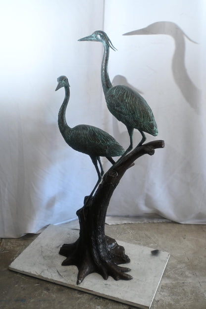 Bronze Heron Pair Sculpture on Driftwood Branch Perch 25"x20"x52"H