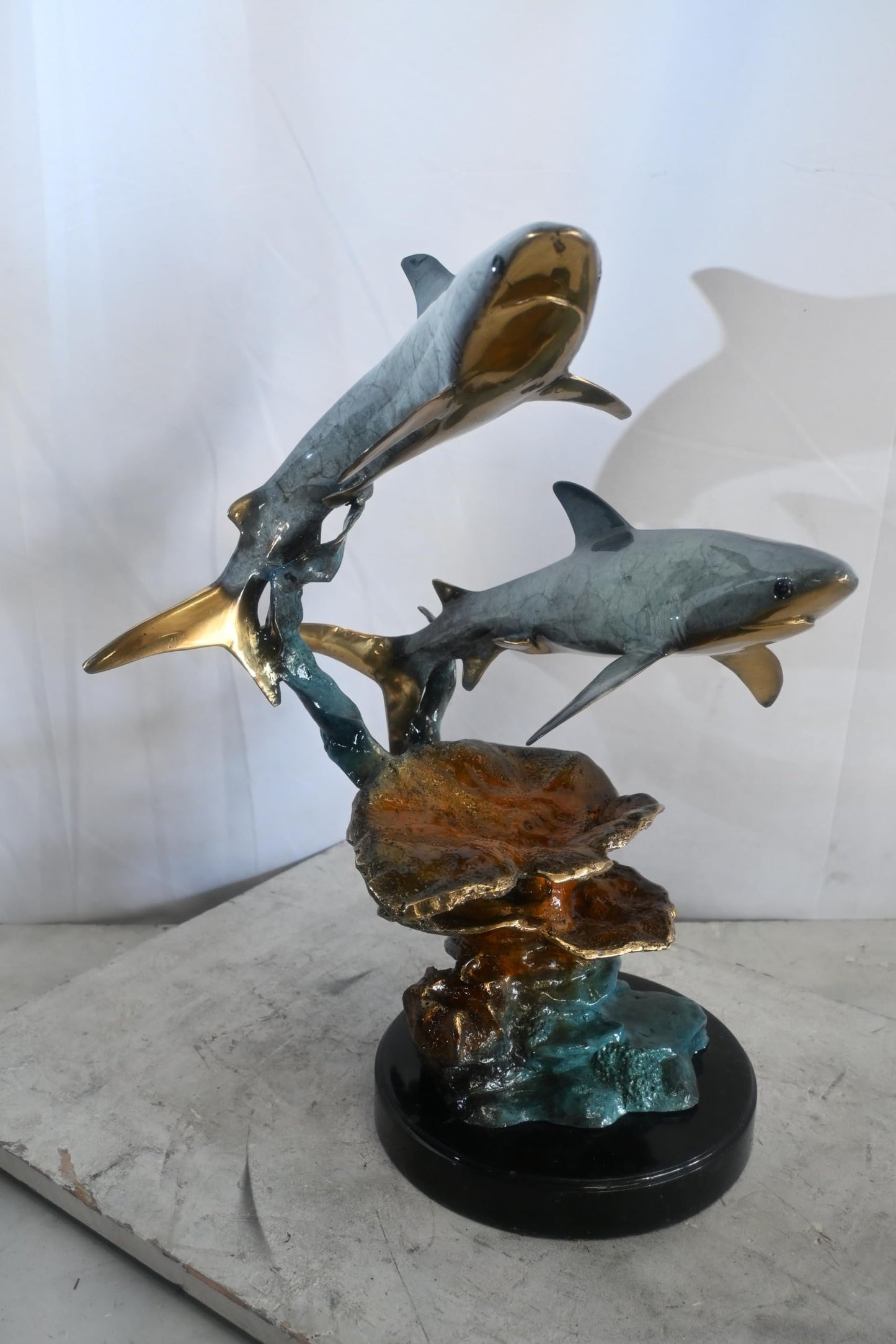 Two Sharks Bronze Sculpture Coral Reef Base 19"x11"x23"H