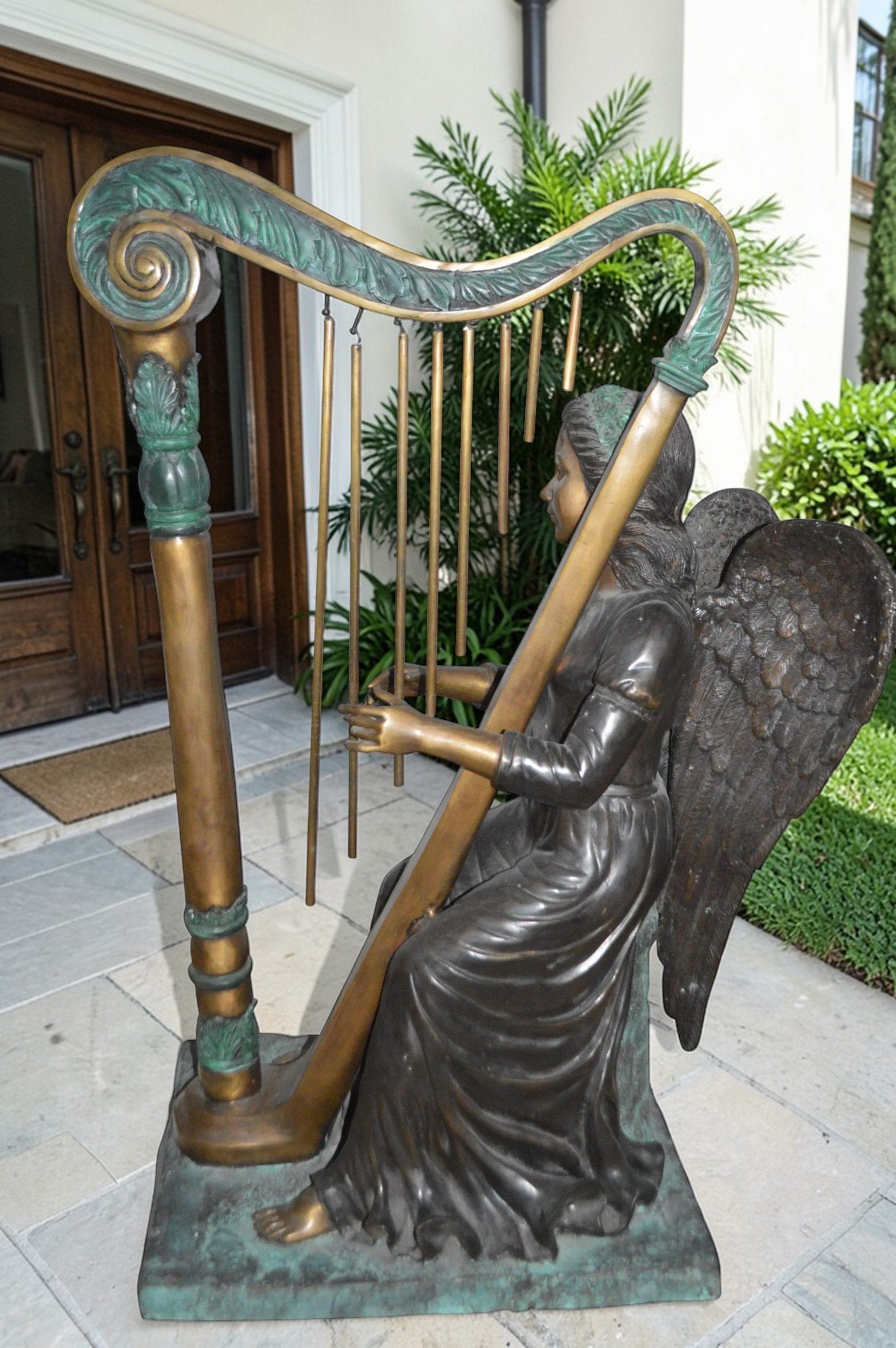 Angel playing a harp bronze statue - Size: 30