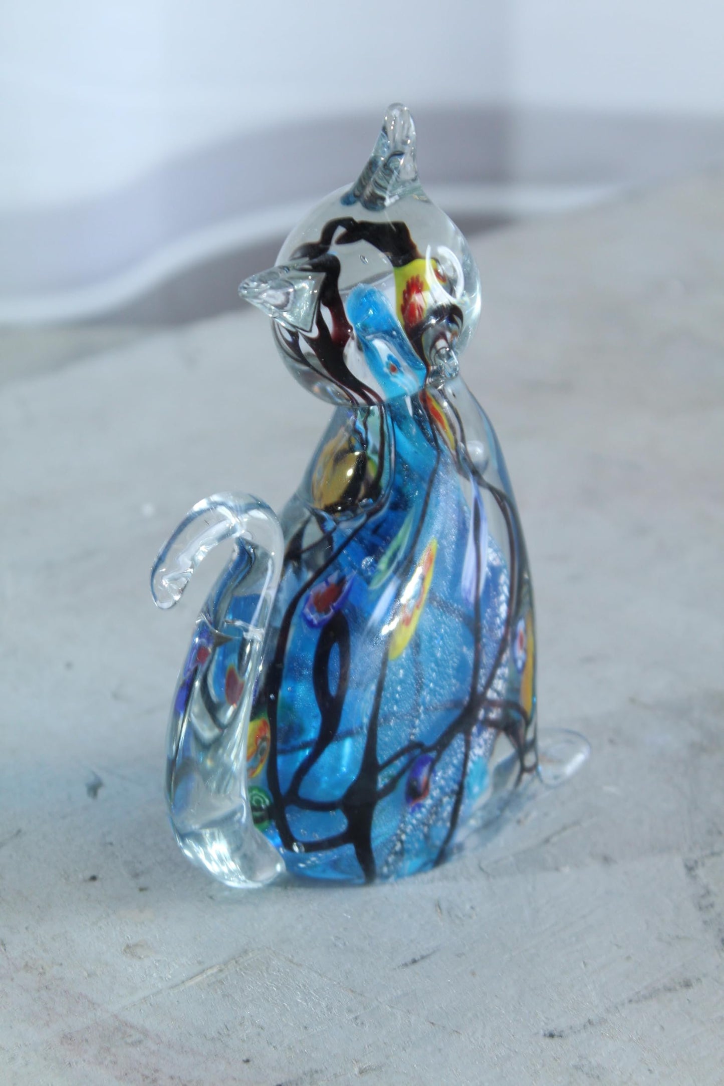 NIFAO Glass Cat Figurine Hand Blown Blue Millefiori Art Decor 5" x 3" x 7"H