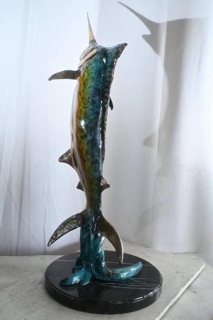 Leaping Marlin on Wave Bronze Sculpture Marble Base 14"x14"x41"H