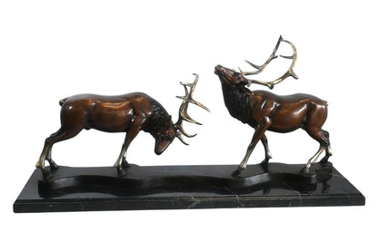 Bronze Locking Deer Stags Sculpture Marble Base 32"x8"x14"H