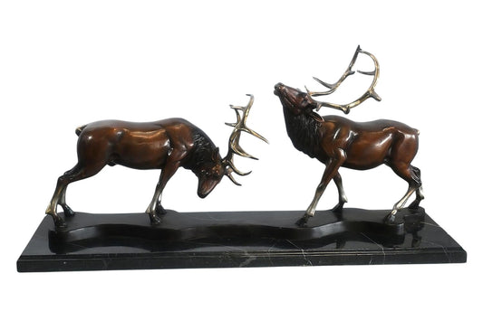 Bronze Locking Deer Stags Sculpture Marble Base 32"x8"x14"H
