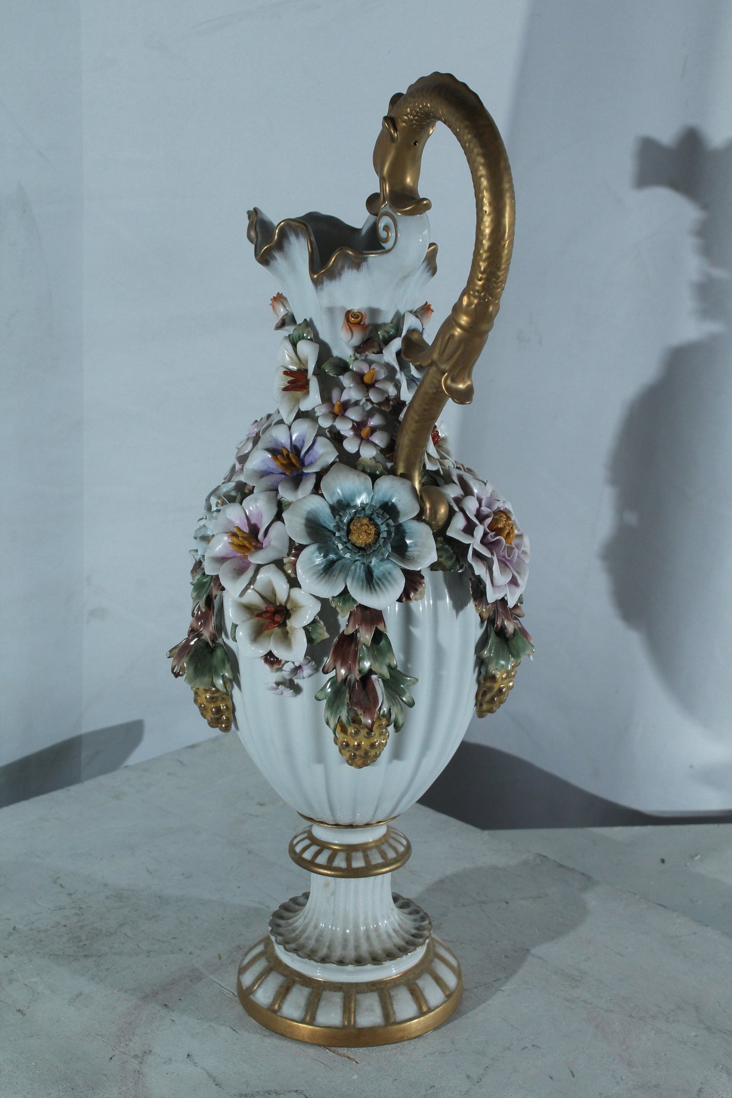 Porcelain Floral Ewer vase Ornate Handle 10"x7"x22"H