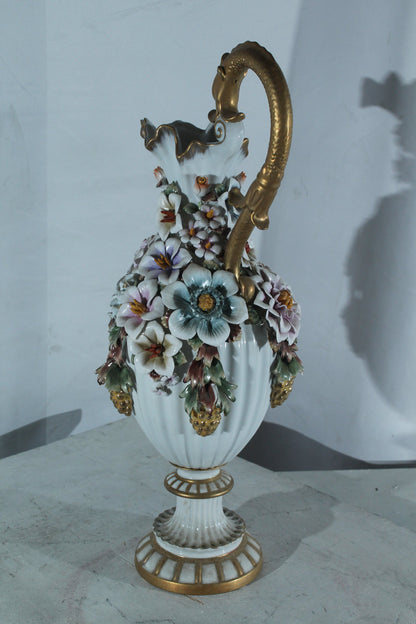 Porcelain Floral Ewer vase Ornate Handle 10"x7"x22"H