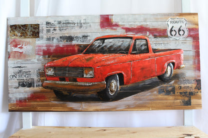 NIFAO Vintage Red Pickup Truck Painting on Wood with Raised Metal Accents 79" x 2" x 40"H
