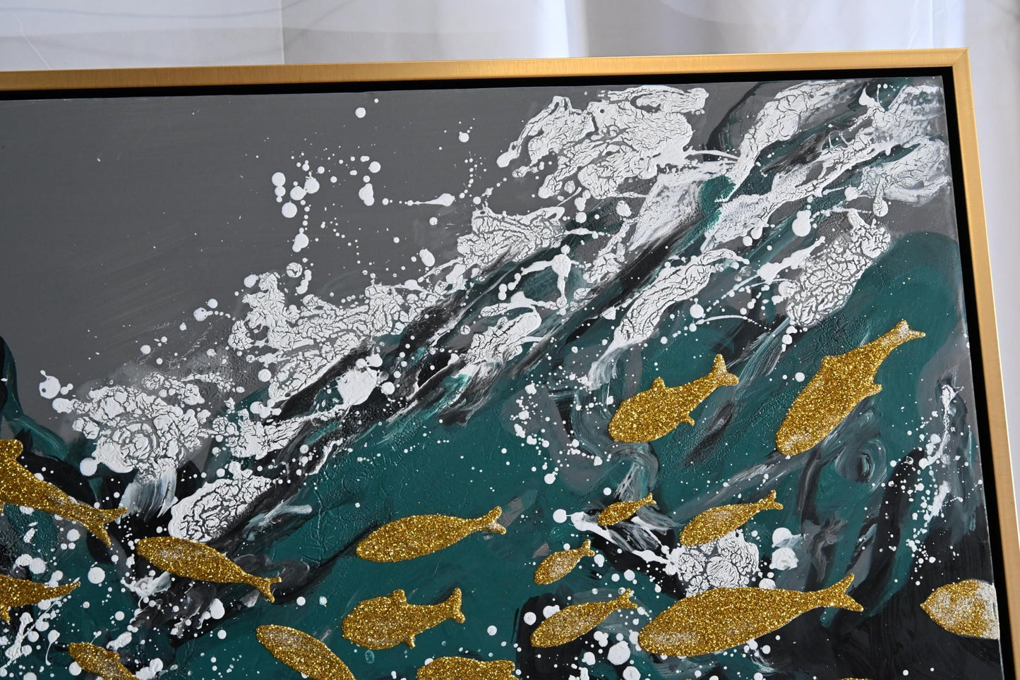 Melancholy Abstract Canvas Painting Gold Teal Framed Art 41"x61"