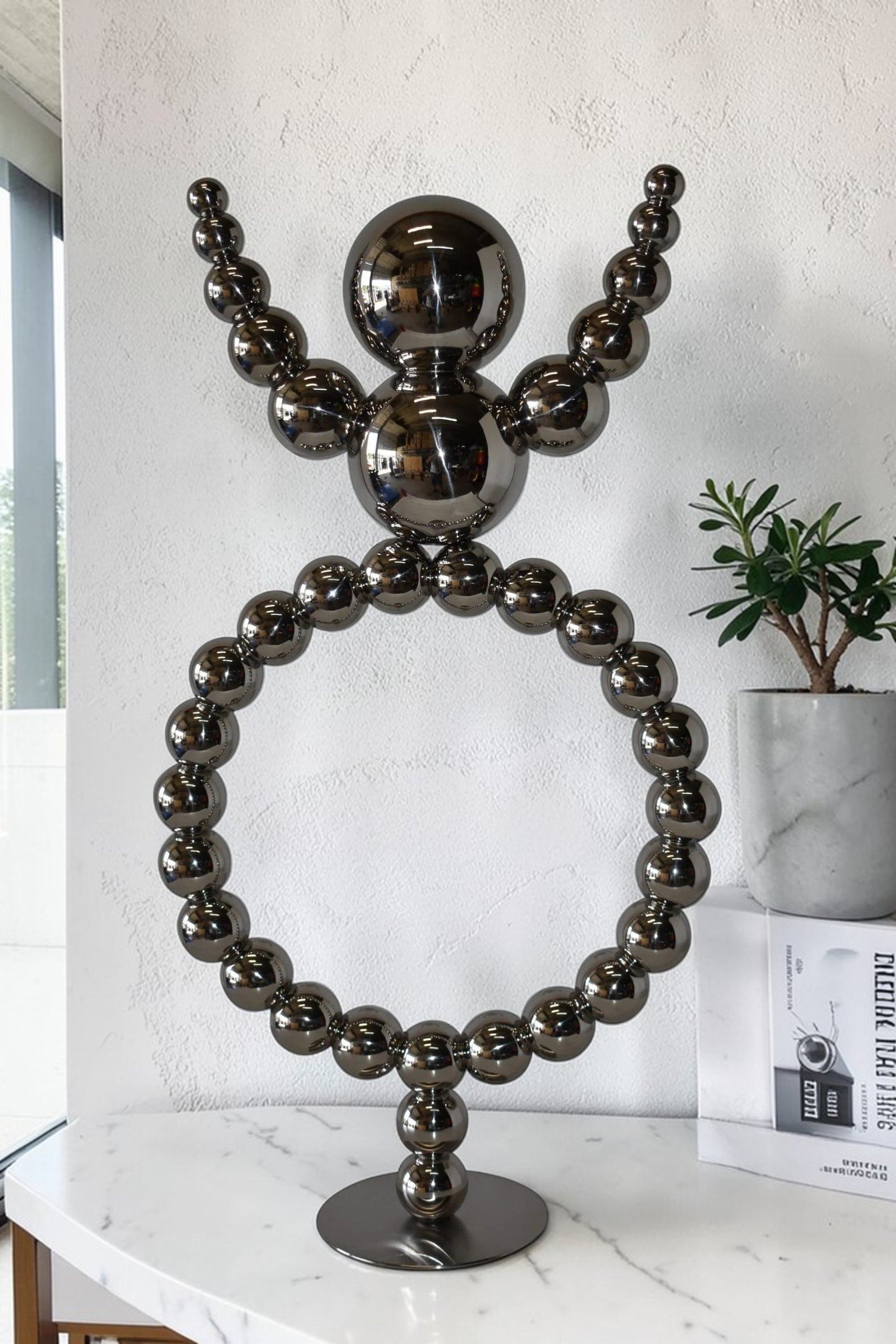 Modern Abstract of a Happy Man Metal Chrome Balls Statue Size: 14" x 6" x 26"H