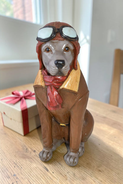A Happy Dog Dressed Like a Pilot Resin Statue Size: 3" x 4" x 8"H
