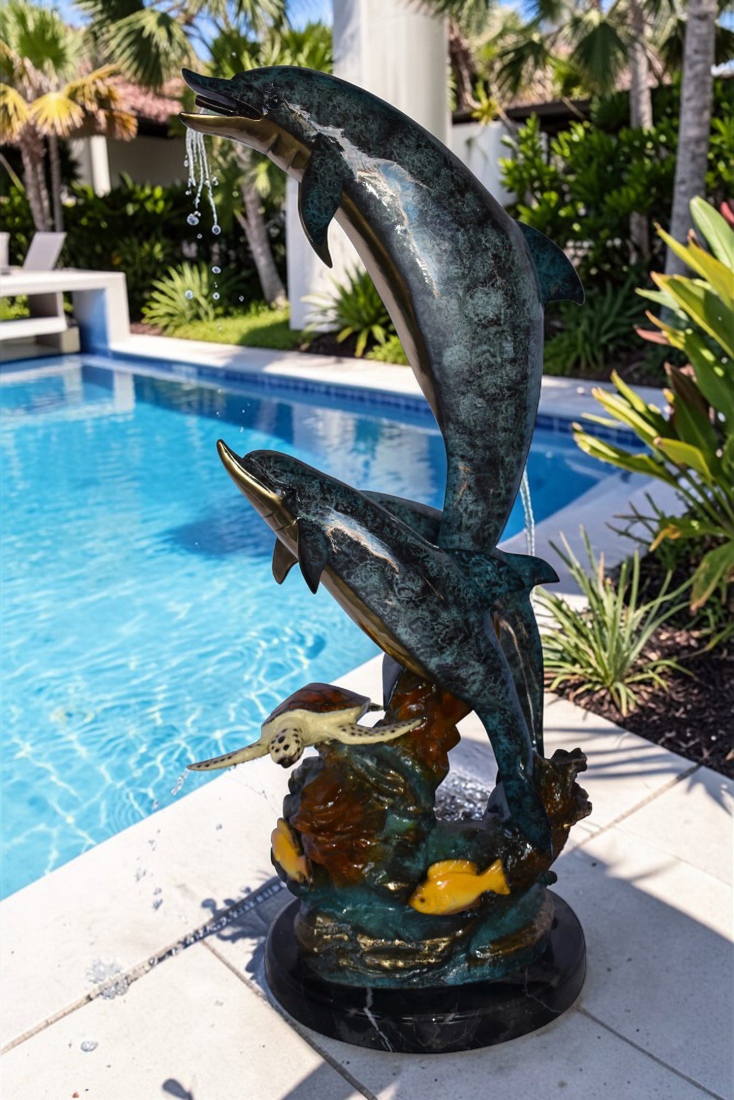 Three Dolphins Swim Next to A Sea Turtle Fountain Bronze Statue 17"x 15" x 38"H