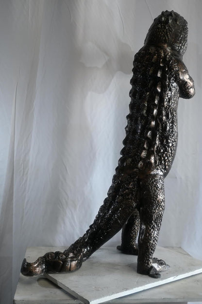 Large Alligator Statue Holding Baby Gator in Egg Cast Aluminum 34"x23"x54"H