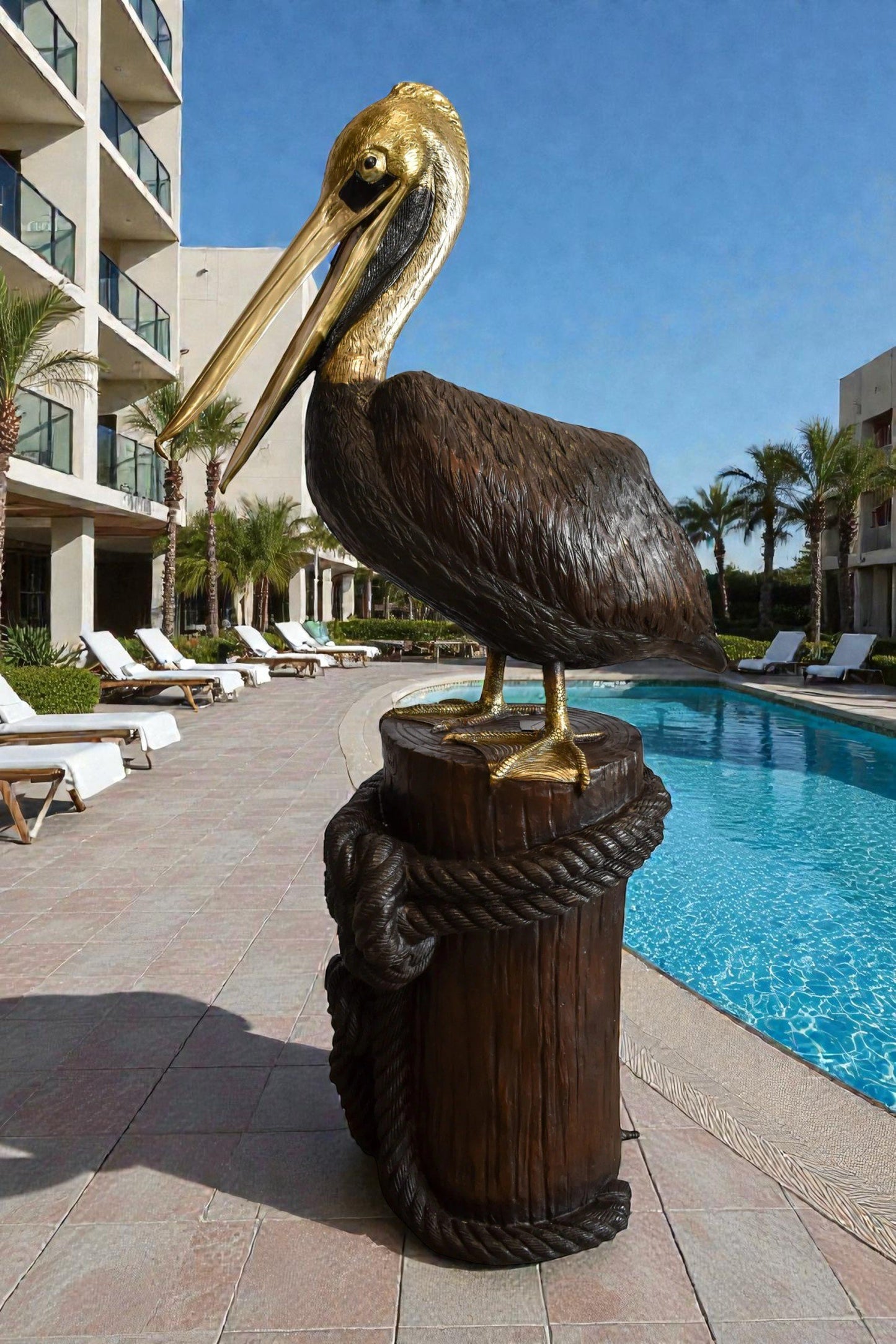 Pelican on Tree Stump Bronze Statue Fountain 43" x 24" x 76"H