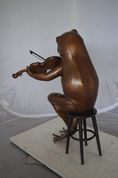 Nifao Human-Size Bronze Frog Playing Violin Statue – Whimsical Animal Musician Sculpture on Chair, Indoor/Outdoor Decor - 29" L x 18" W x 29" H