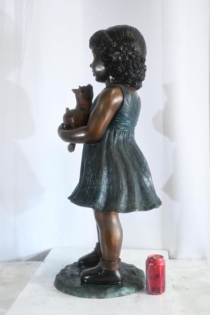 Bronze Girl Statue Holding a Puppy Dog Garden Home Decor 17"x16"x36"H