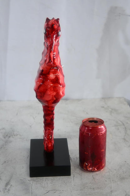 Red Seahorse Figurine on Base Painted Aluminum Sculpture 6"x4"x15"H