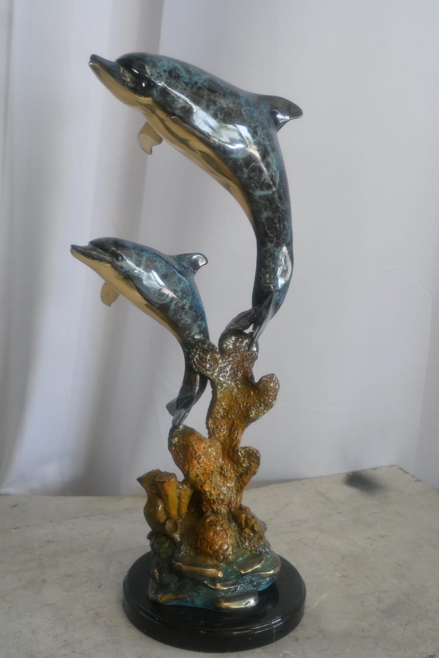 Bronze Dual Leaping Dolphin Sculpture on Marble Base 10"x6"x24"H