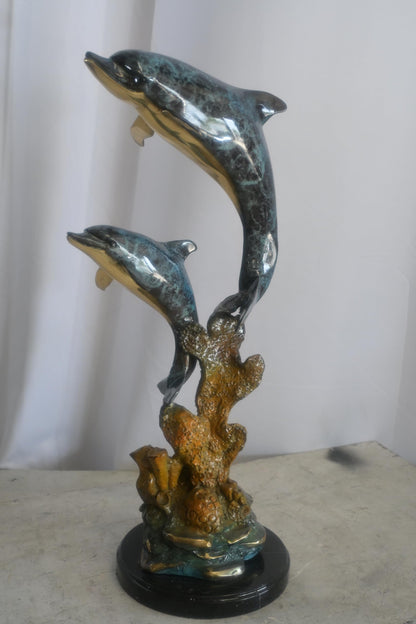 Bronze Dual Leaping Dolphin Sculpture on Marble Base 10"x6"x24"H