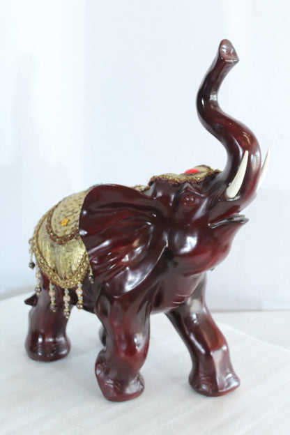 Nifao Resin Elephant Statue with Gold Saddle and Raised Trunk - Regal Lucky Elephant Home Decor - 19" x 10" x 22"H