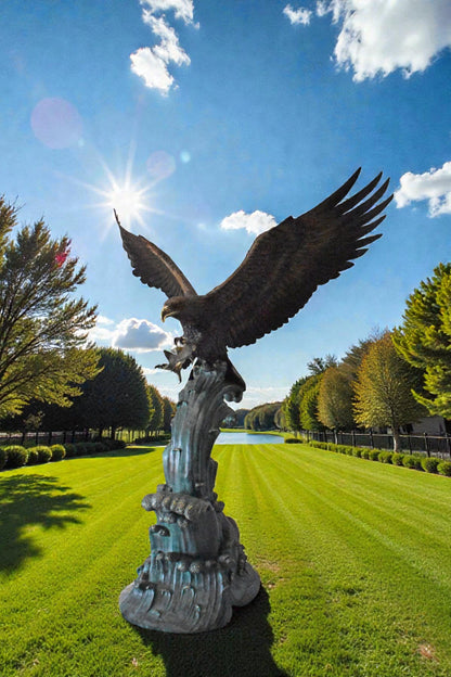 Eagle in Action Catching His Prey Bronze Statue - Size: 68"L x 40"W x 87"H.