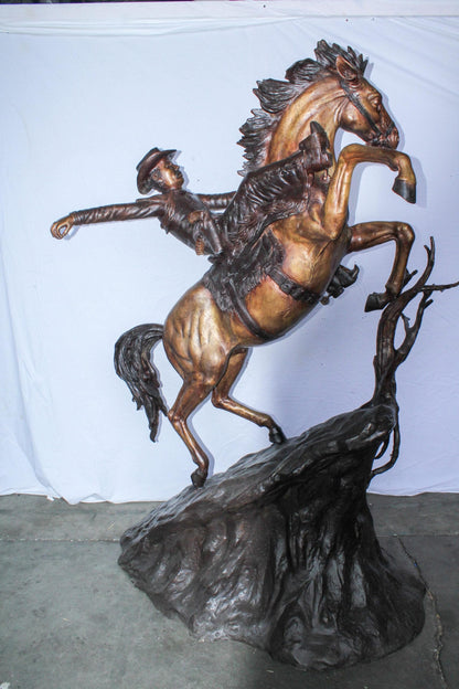 Life Size Bronze Cowboy on Rearing Horse Western Statue 60" x 37" x 81"H