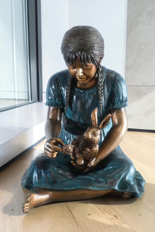 Bronze Braided Girl Feeding Rabbit Blue Patina Sculpture 24"x20"x24"H